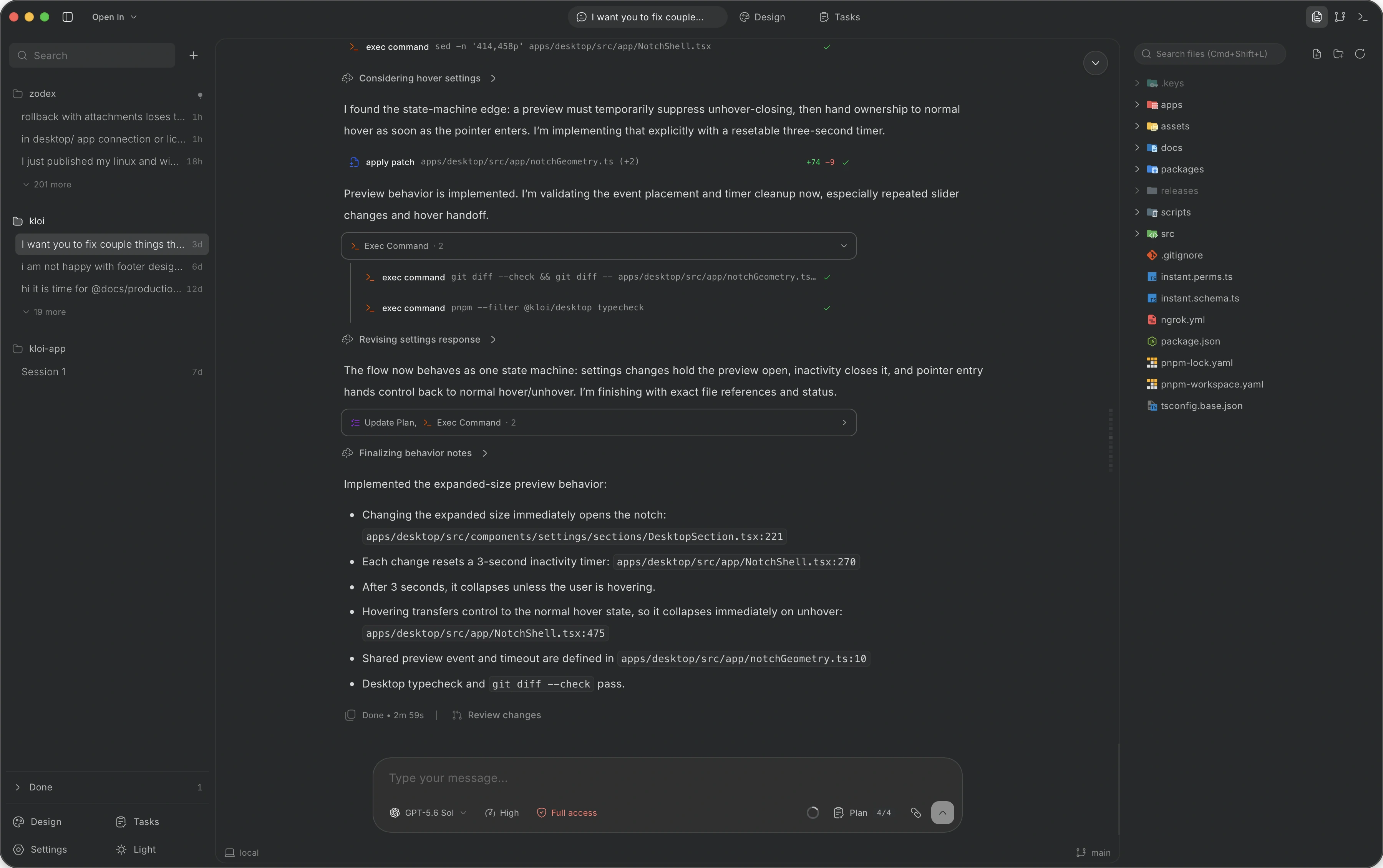 The Zodex desktop app in dark mode: project sidebar on the left, an agent session with applied patches and executed commands on the right.