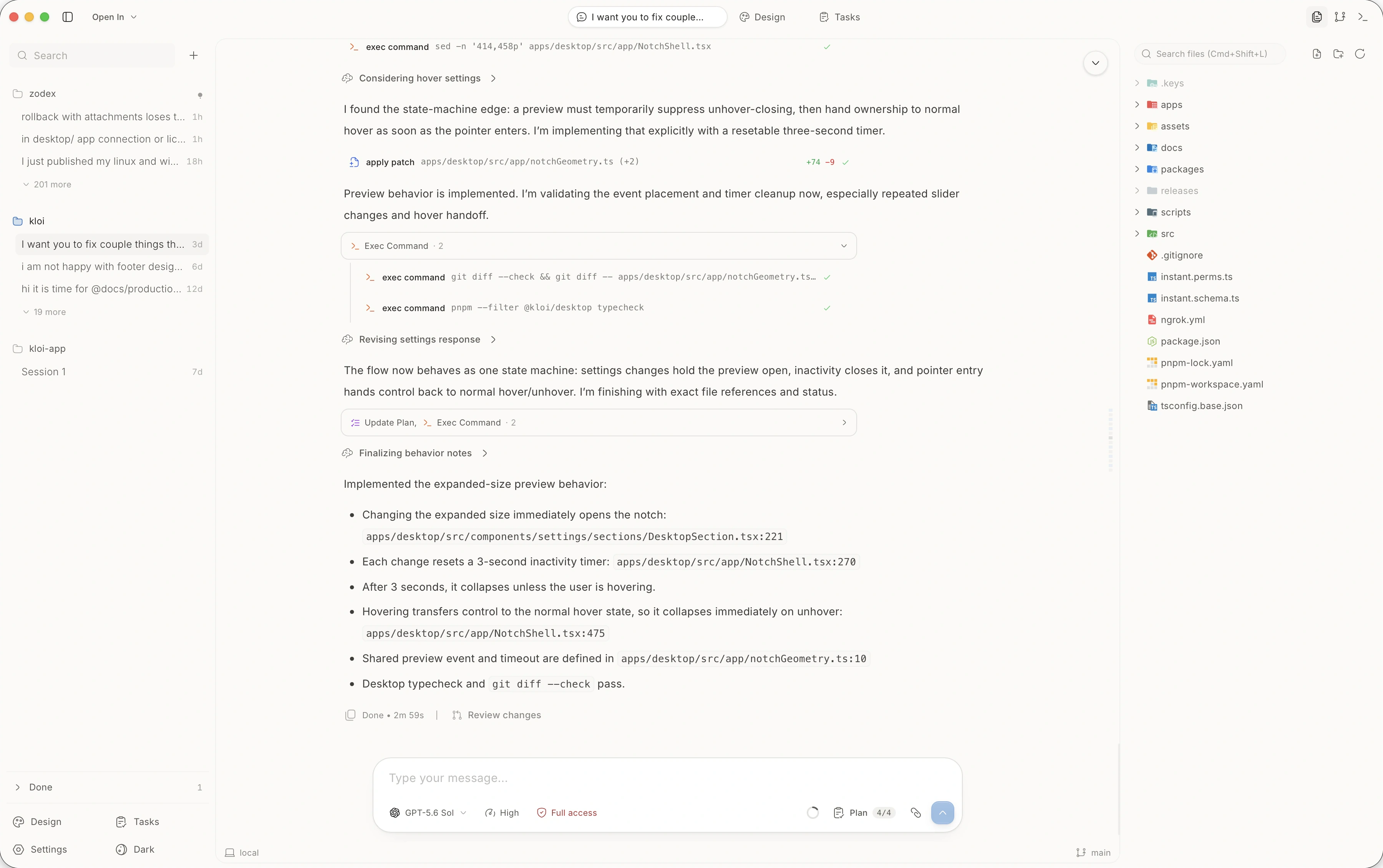 The Zodex desktop app: project sidebar on the left, an agent session with applied patches and executed commands on the right.