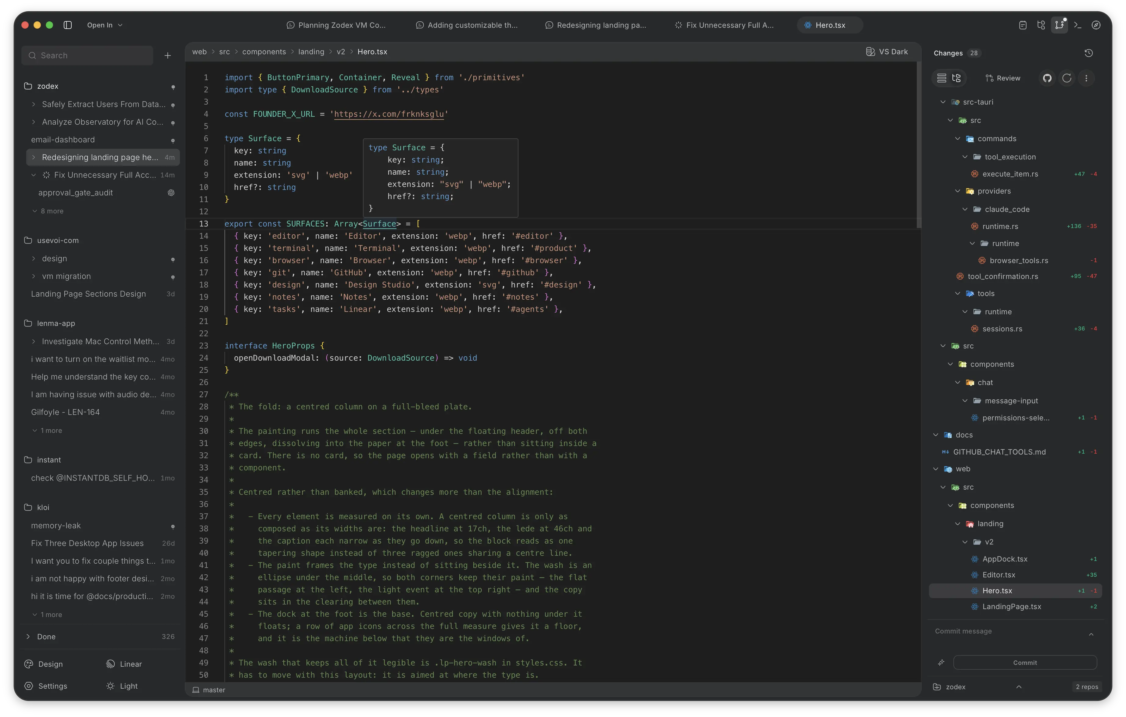 The built-in code editor inside Zodex in dark mode, showing syntax highlighting, diagnostics, and project file tree.