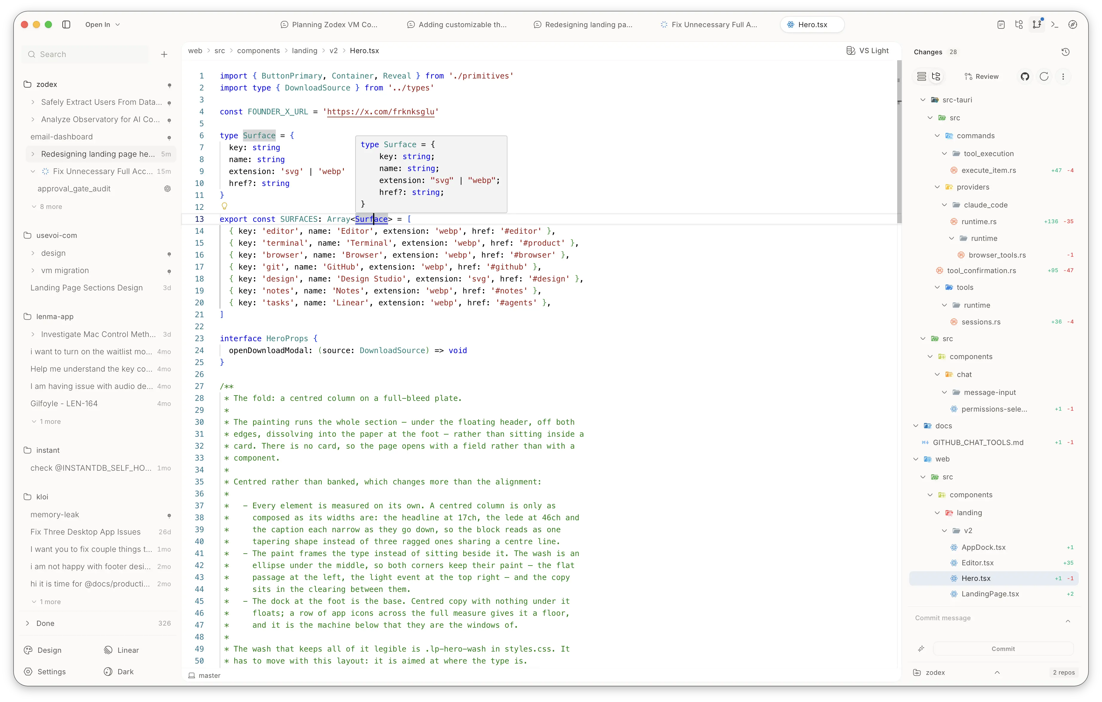 The built-in code editor inside Zodex in light mode, showing syntax highlighting, diagnostics, and project file tree.